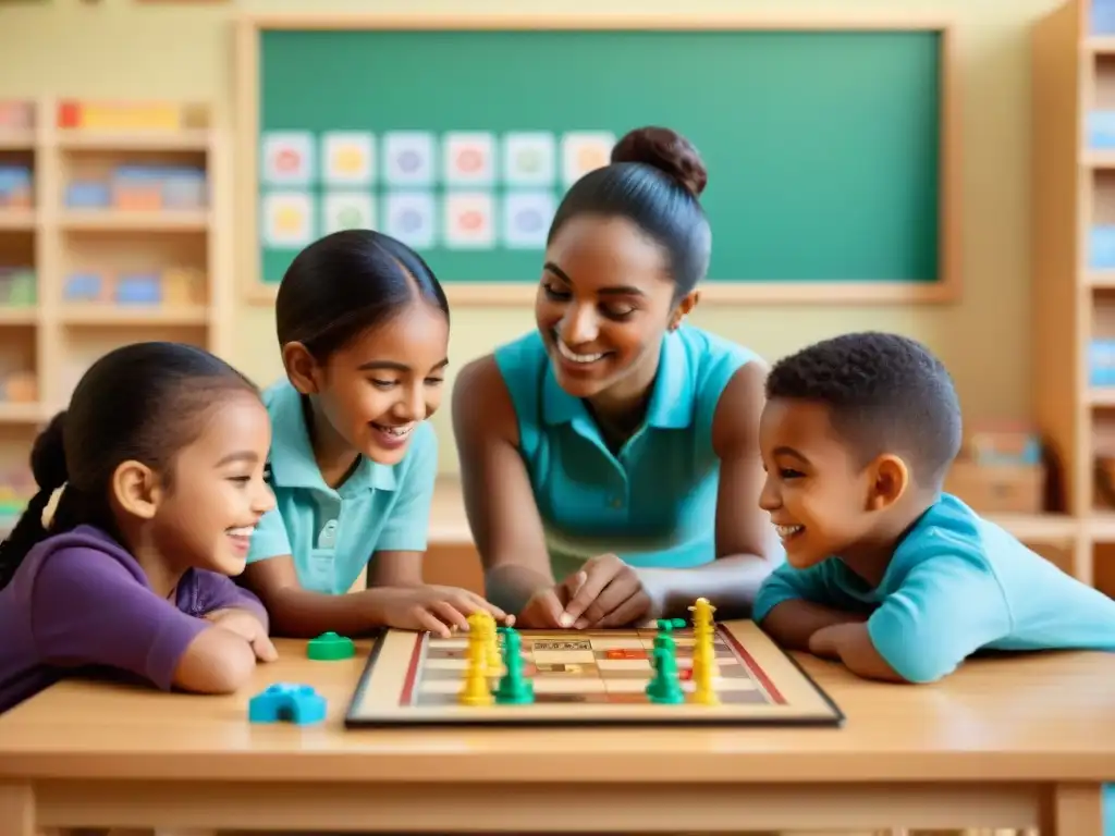 Niños de diversas culturas disfrutan juegos educativos, mostrando habilidades sociales en aula acogedora