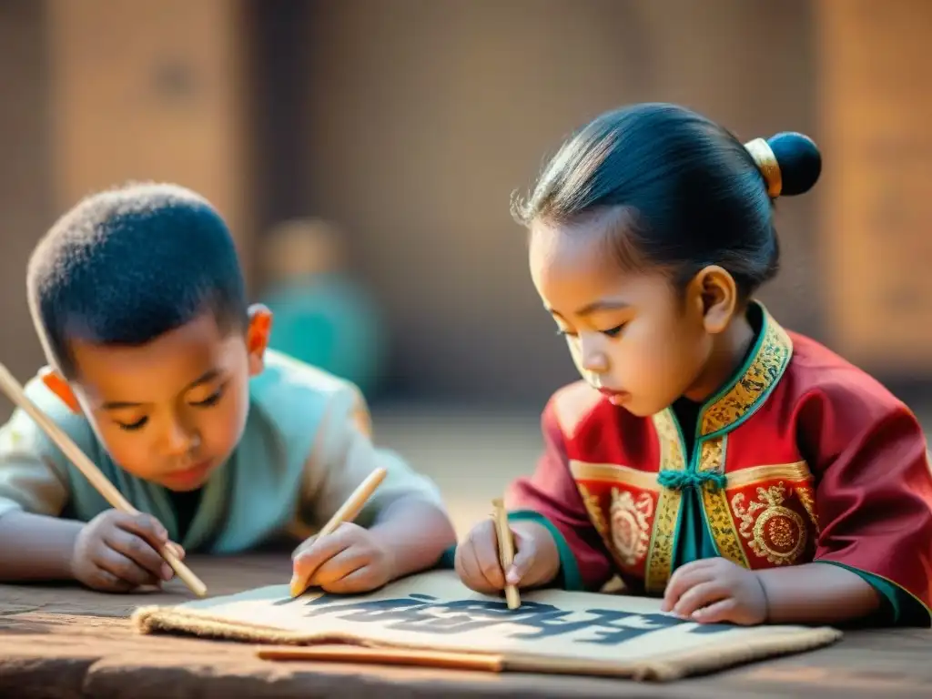 Niños de diferentes culturas jugando juegos educativos tradicionales, intercambiando conocimientos y alegría