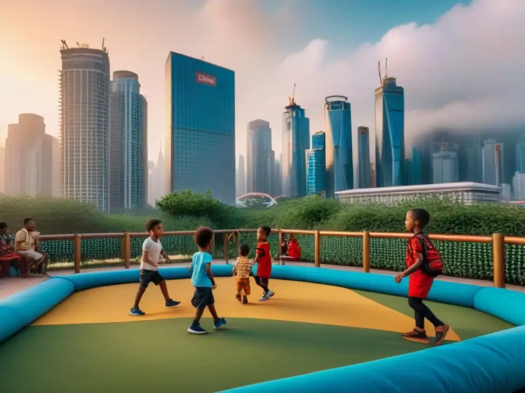 Niños de diversas culturas juegan juegos tradicionales en un parque urbano, fusionando lo antiguo y lo moderno