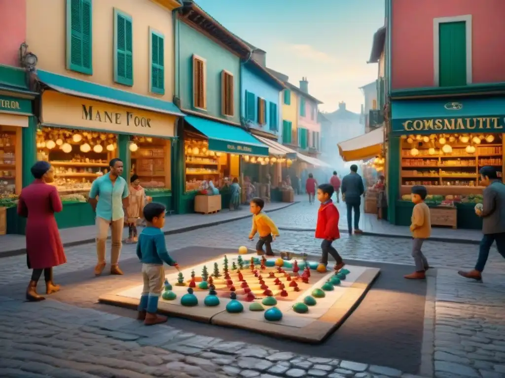 Niños de diversas culturas juegan juegos tradicionales en un mercado animado, mostrando la unión comunitaria