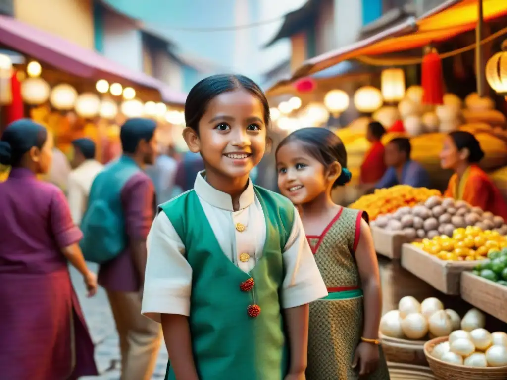 Niños de diversas culturas juegan juntos en un animado mercado, capturando la alegría y camaradería con juegos tradicionales de culturas