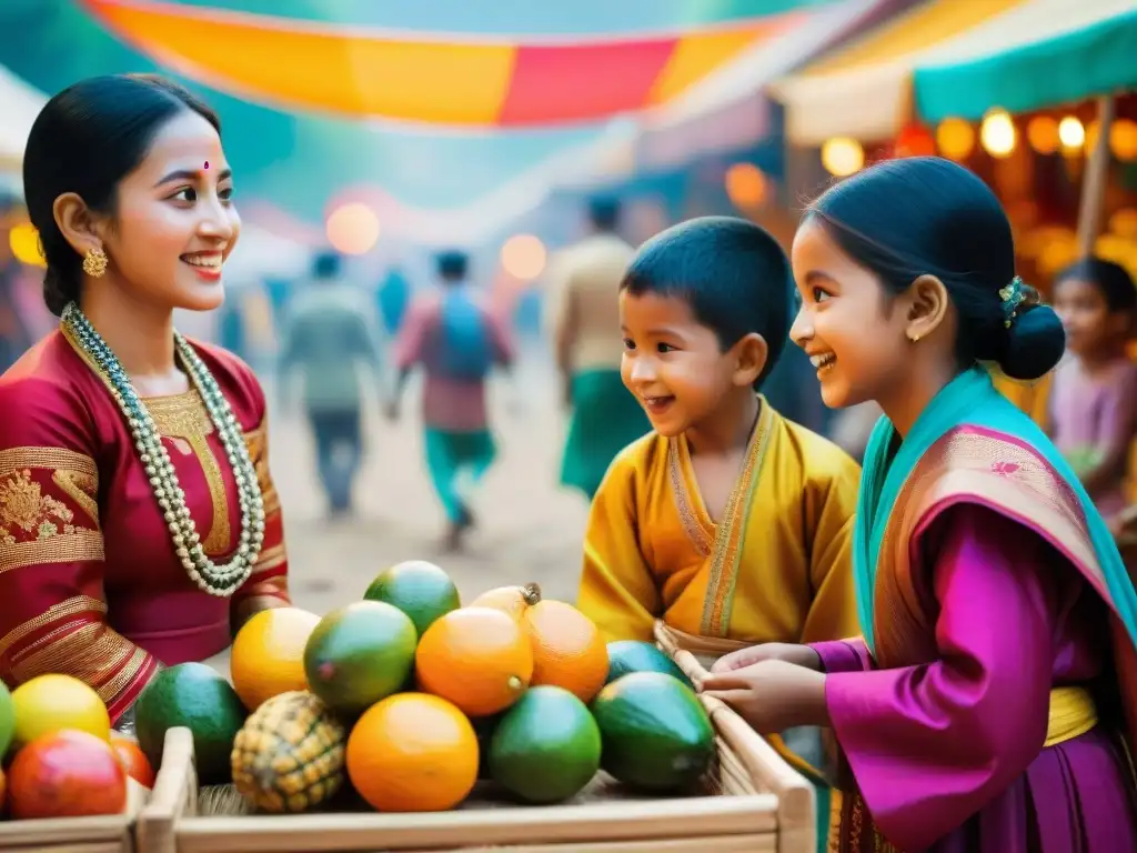 Niños de diversas culturas juegan juntos en un animado mercado, con detalles vibrantes y juegos tradicionales