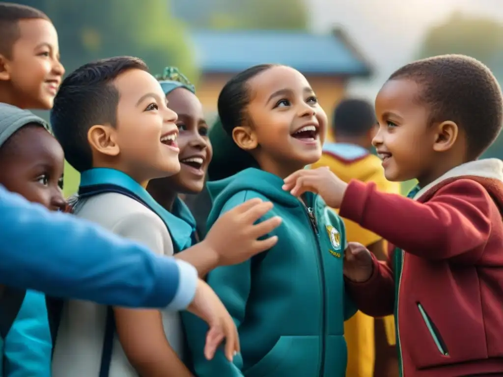 Niños de diversas culturas juegan juntos en la escuela, fomentando habilidades sociales