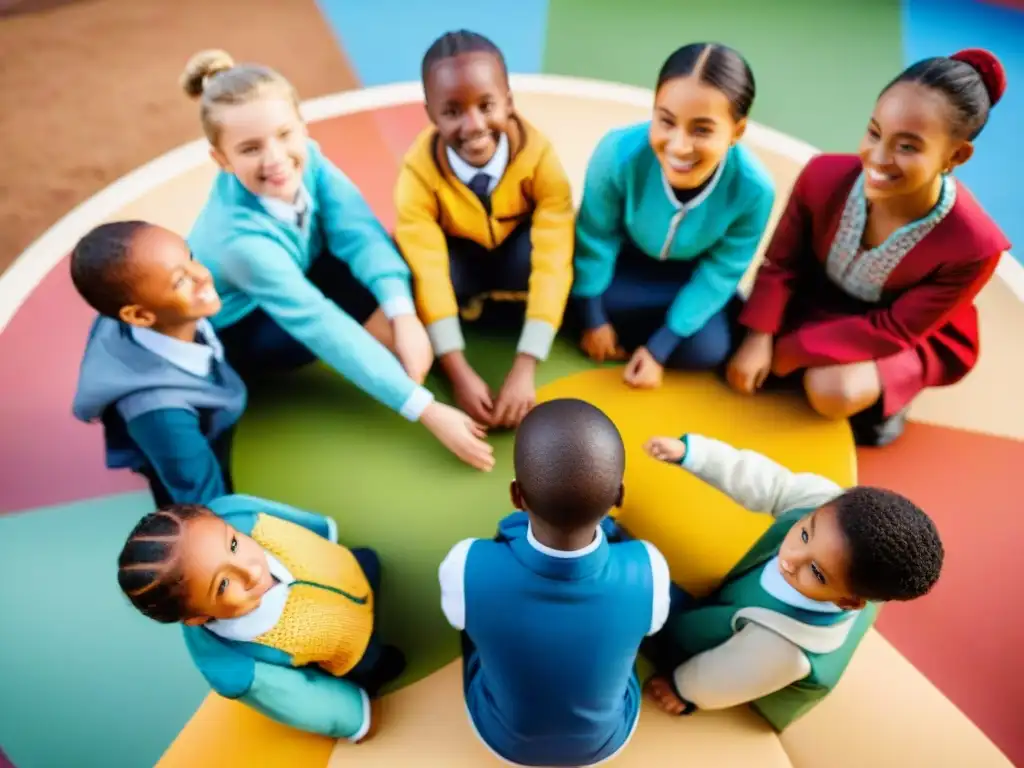 Niños de diferentes culturas juegan juntos en un patio escolar multicultural, demostrando la evolución juegos culturales educativos