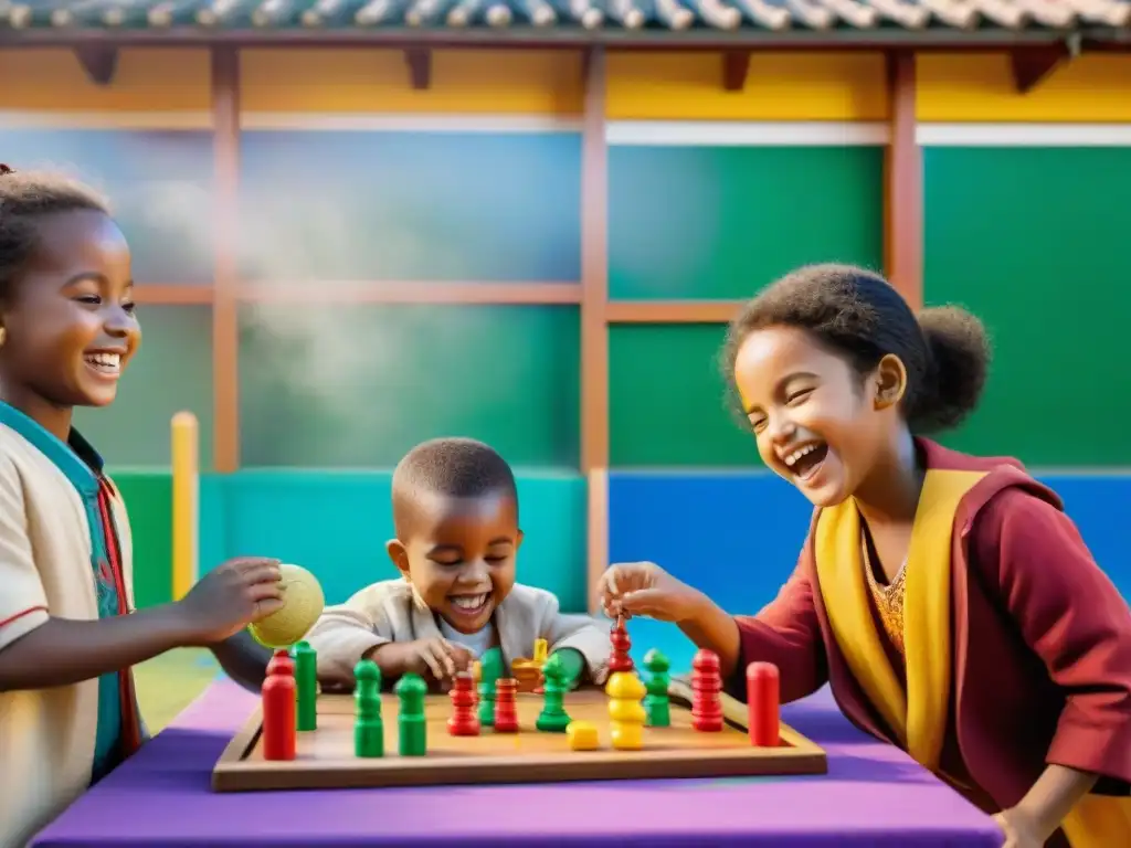 Niños de distintas culturas juegan juntos en un patio escolar multicultural, reflejando la importancia de los juegos en la historia cultural