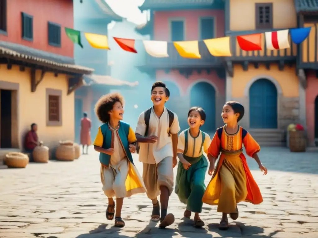 Niños de diferentes culturas juegan y ríen juntos en plaza soleada, preservando juegos tradicionales con tecnología de realidad aumentada