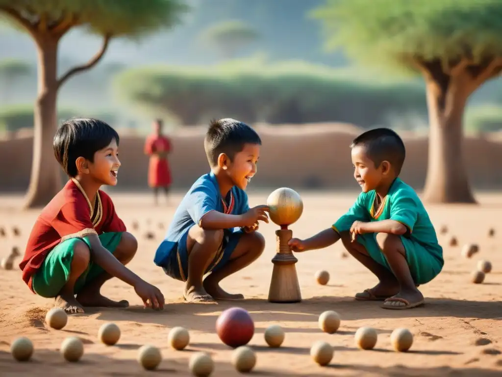 Niños de diferentes culturas juegan Kendama, Kabaddi y Mancala, resaltando la Importancia de los juegos tradicionales