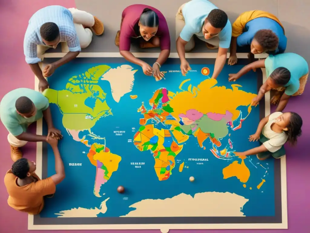 Niños de diversas culturas juegan alrededor de un mapa mundial colorido