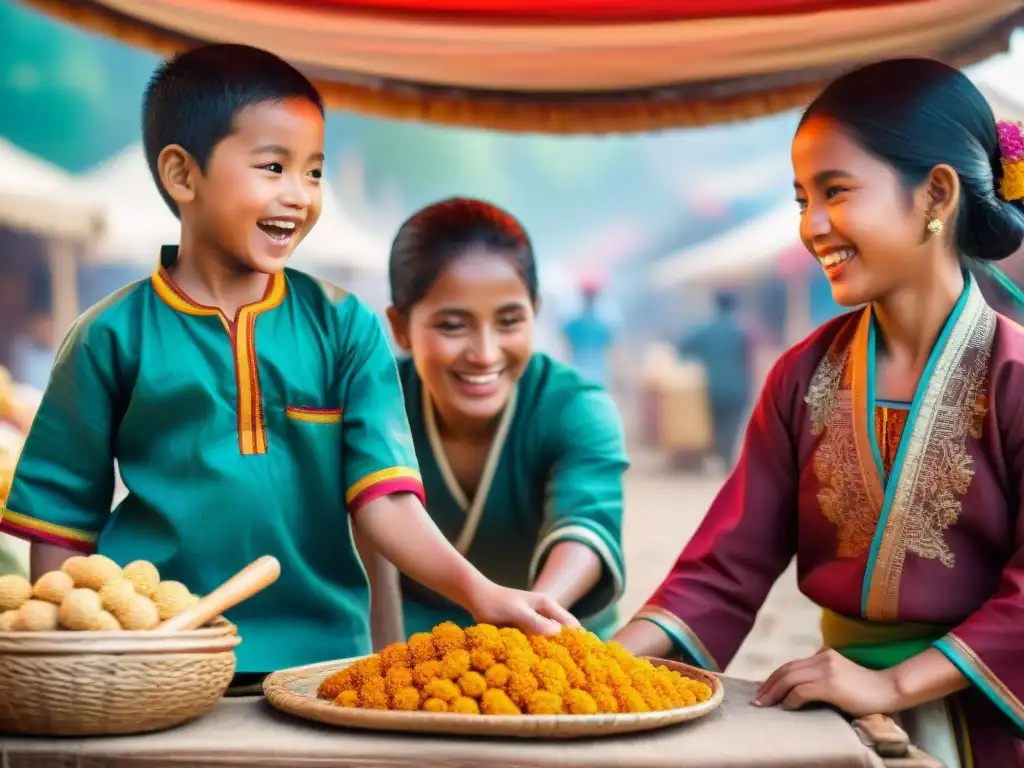 Niños de diferentes culturas juegan en un mercado vibrante, reflejando la globalización de juegos infantiles tradicionales