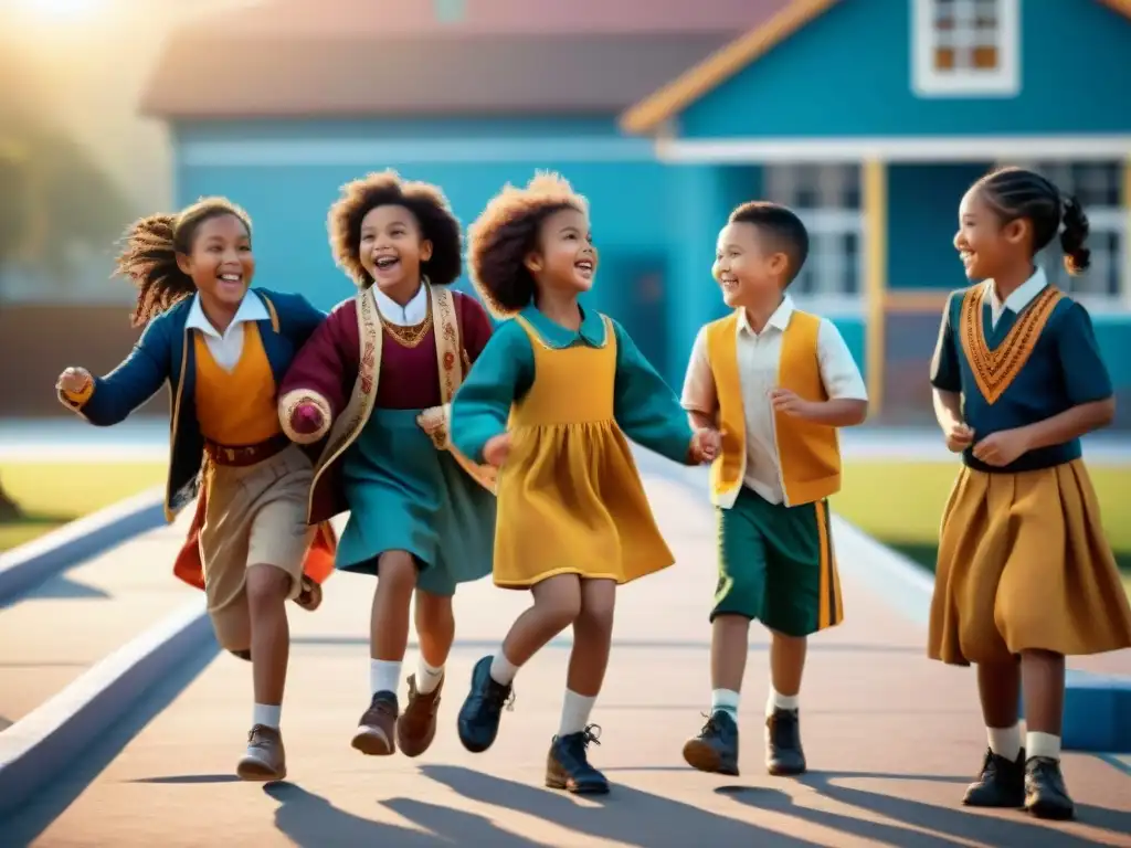 Niños de diversas culturas juegan y se divierten en un patio escolar al atardecer