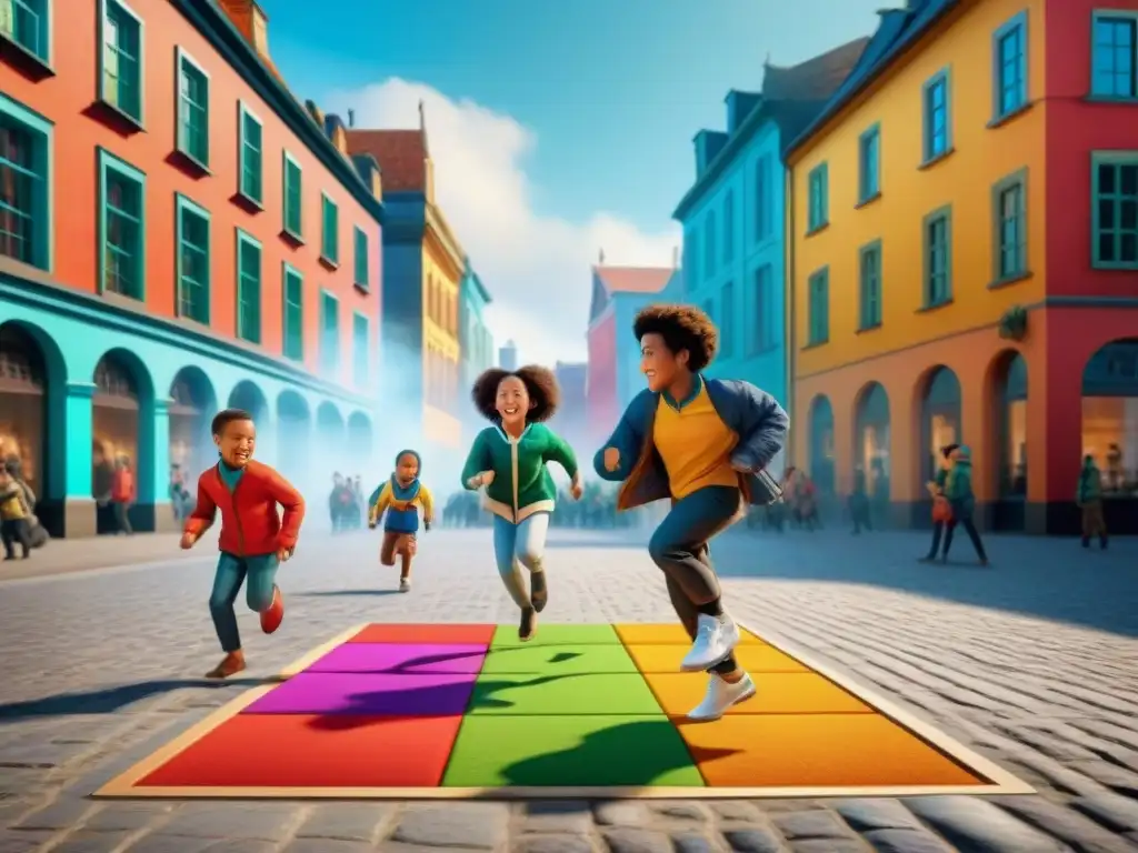 Juegos tradicionales: diversión y comunidad en la ciudad Niños de diversas culturas juegan animadamente en la plaza, resaltando la importancia de los valores de los juegos tradicionales