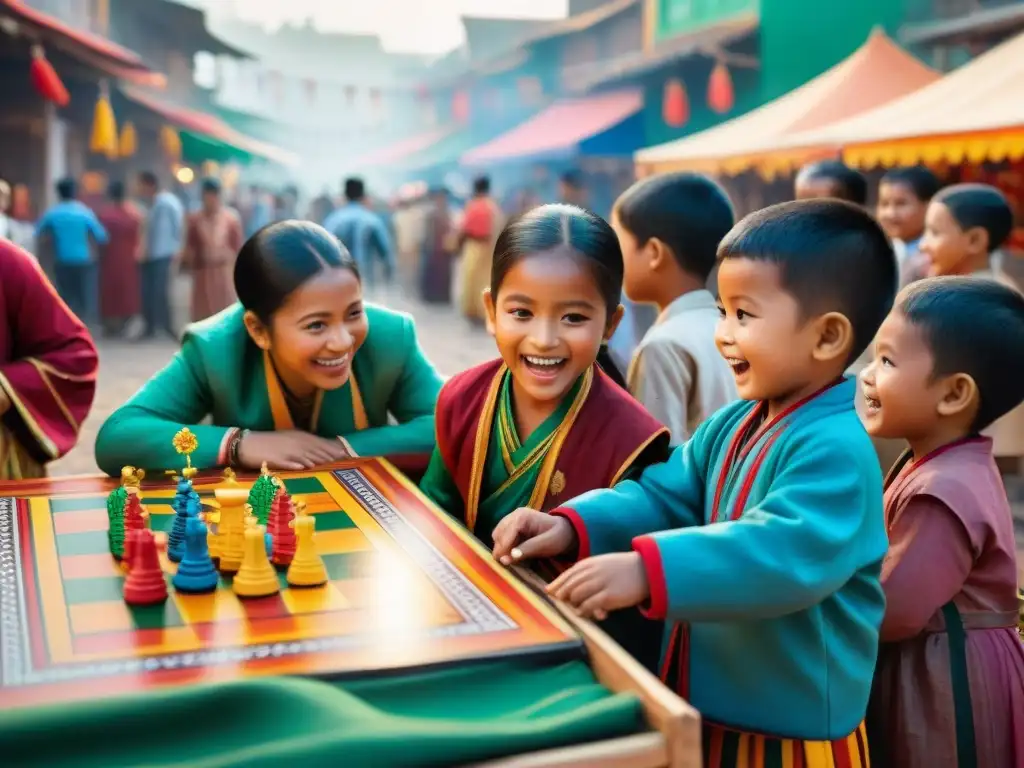 Niños de distintas culturas juegan tradicionales en un mercado bullicioso y colorido