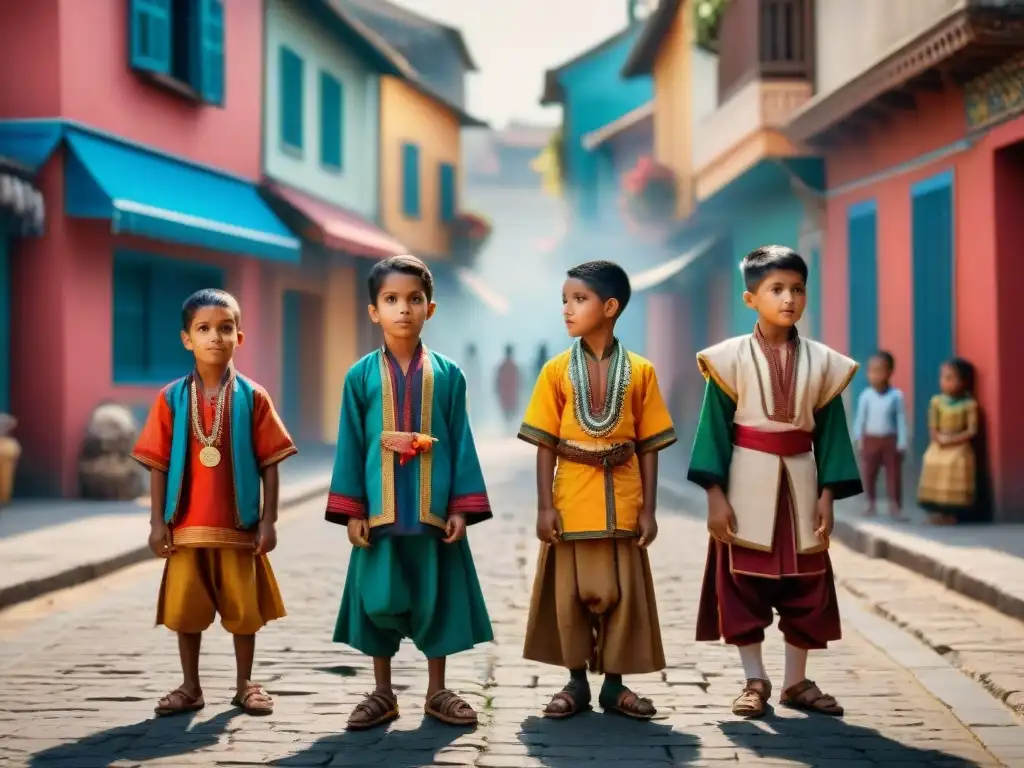 Niños de diversas culturas, vistiendo trajes tradicionales, juegan juntos en la calle