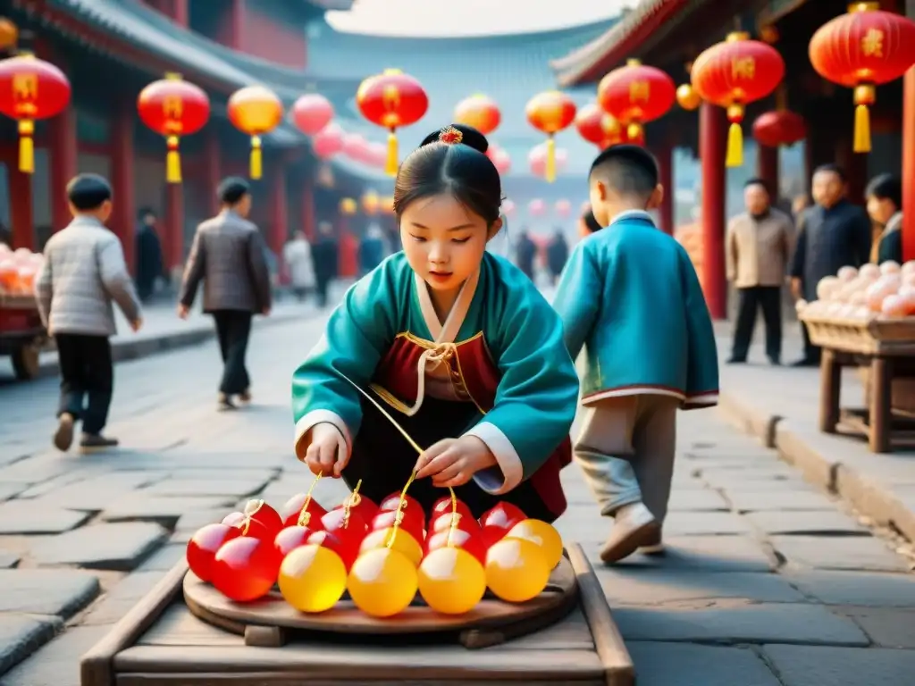 Niños jugando Diabolo en mercado asiático, entre linternas y arquitectura tradicional