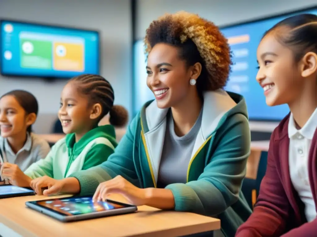 Niños diversas culturas juegan educativos en aula tecnológica