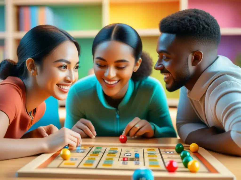 Niños diversos disfrutan de un juego educativo en un aula soleada, destacando la Importancia del juego en educación