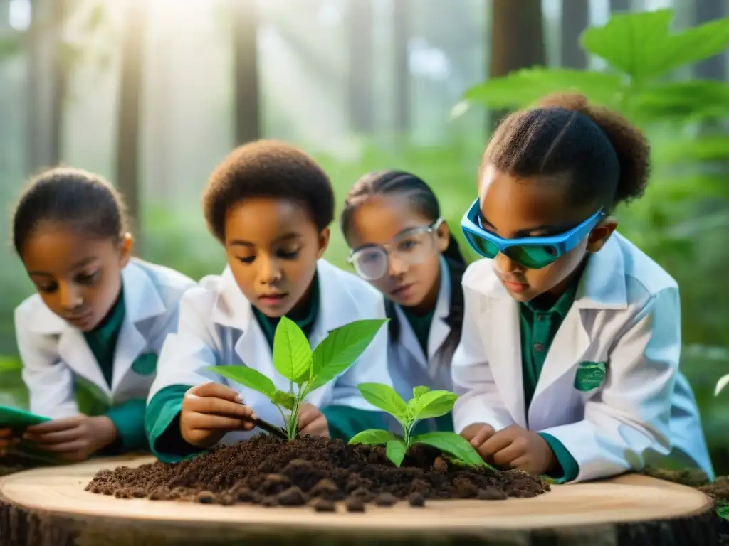 Niños diversos disfrutan de juegos educativos conciencia ambiental al aire libre, explorando y aprendiendo juntos en un bosque verde