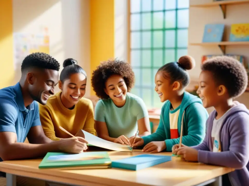 Niños diversos disfrutan juntos de pasatiempos en aula inclusiva, mostrando la importancia de la integración en el desarrollo emocional