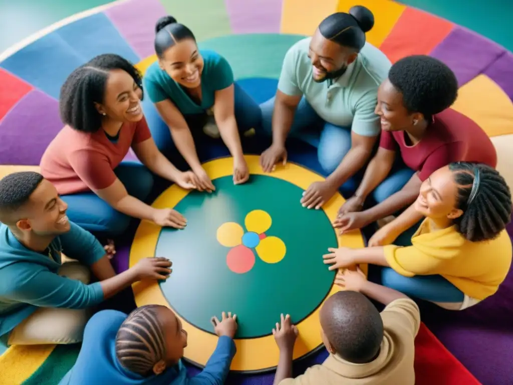 Niños diversos y maestra juegan juegos inclusivos en aula brillante de educación especial