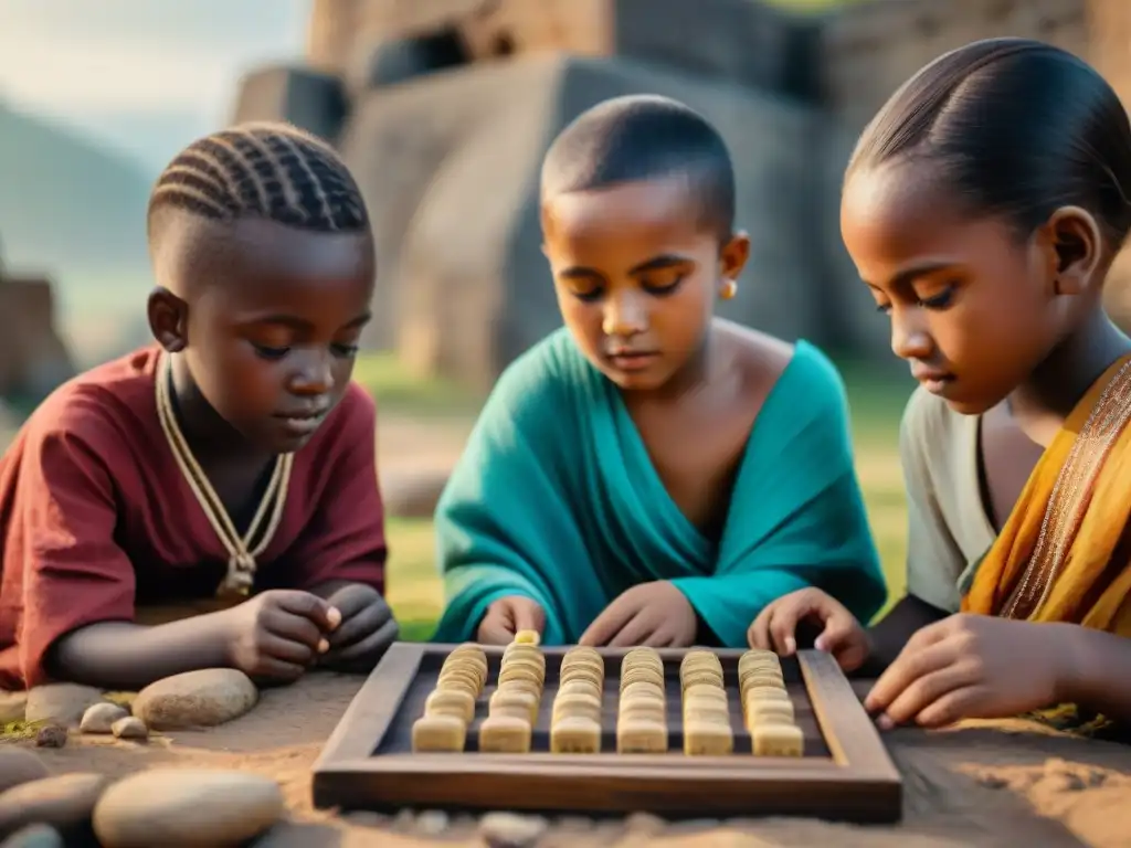 Niños diversos disfrutan de juegos de memoria en culturas antiguas al aire libre