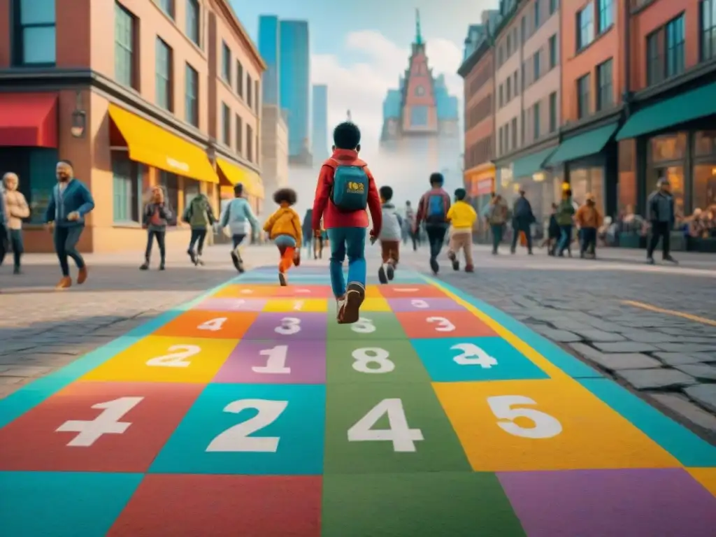 Niños de diversas edades y culturas juegan felices en una calle de la ciudad, saltando en el juego de la rayuela