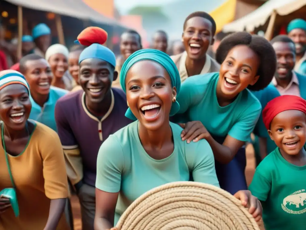 Niños de diversas edades juegan Dobledoble en un mercado africano animado, reflejando el origen y popularidad del juego