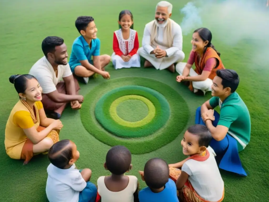 Niños de diversas edades y etnias juegan en círculo en un campo de hierba verde, mostrando la evolución juegos culturales educativos