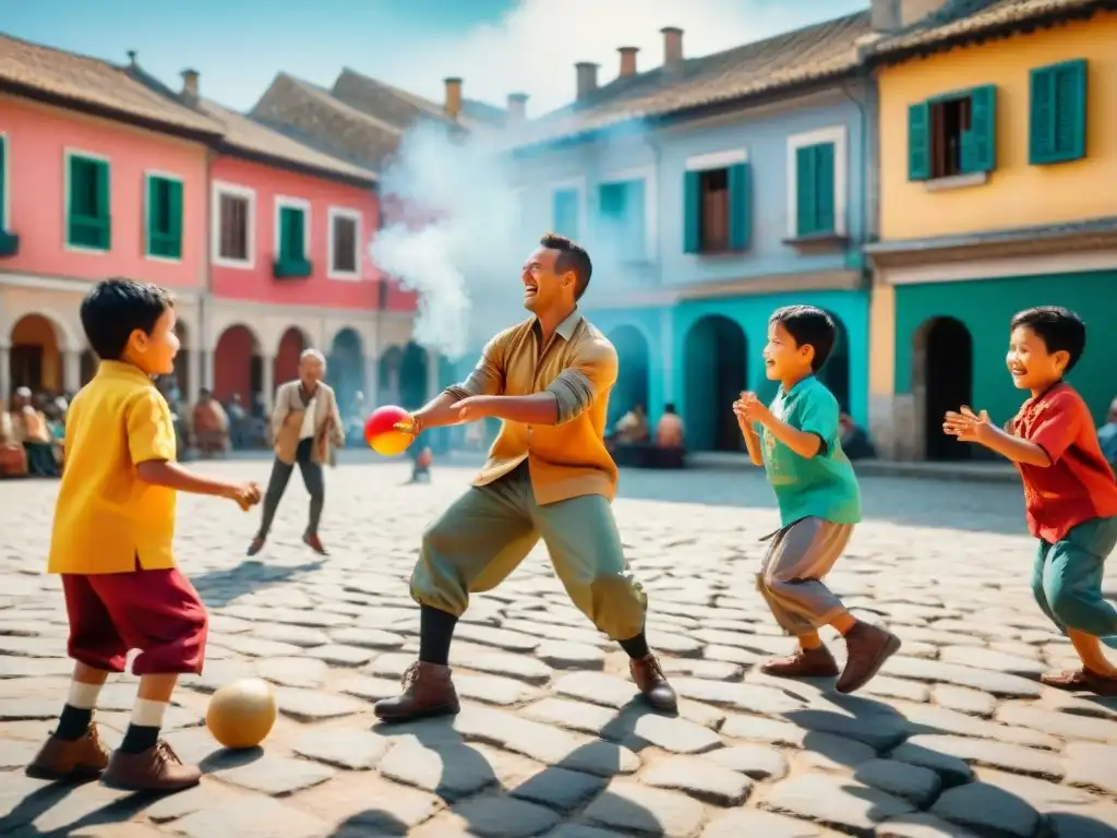 Niños de diversas edades y etnias juegan felices al 'patas' en una plaza vibrante