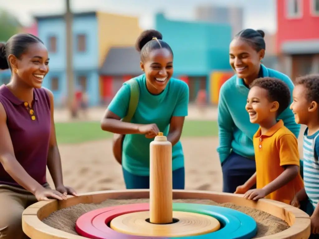 Niños de diversas edades y etnias juegan felices con un trompo en un parque, transmitiendo el significado cultural del trompo en la historia