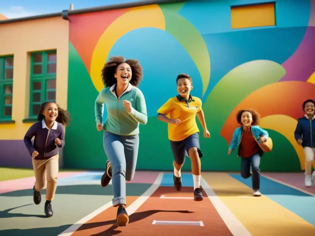 Niños de diversas edades y etnias juegan juegos tradicionales en la escuela, en un ambiente alegre y colorido