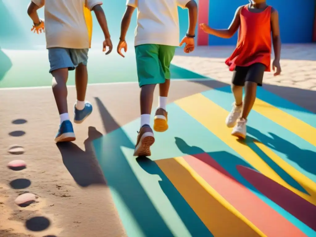 Niños de diversas edades y etnias juegan juegos tradicionales como la rayuela y la cuerda en un parque colorido y animado