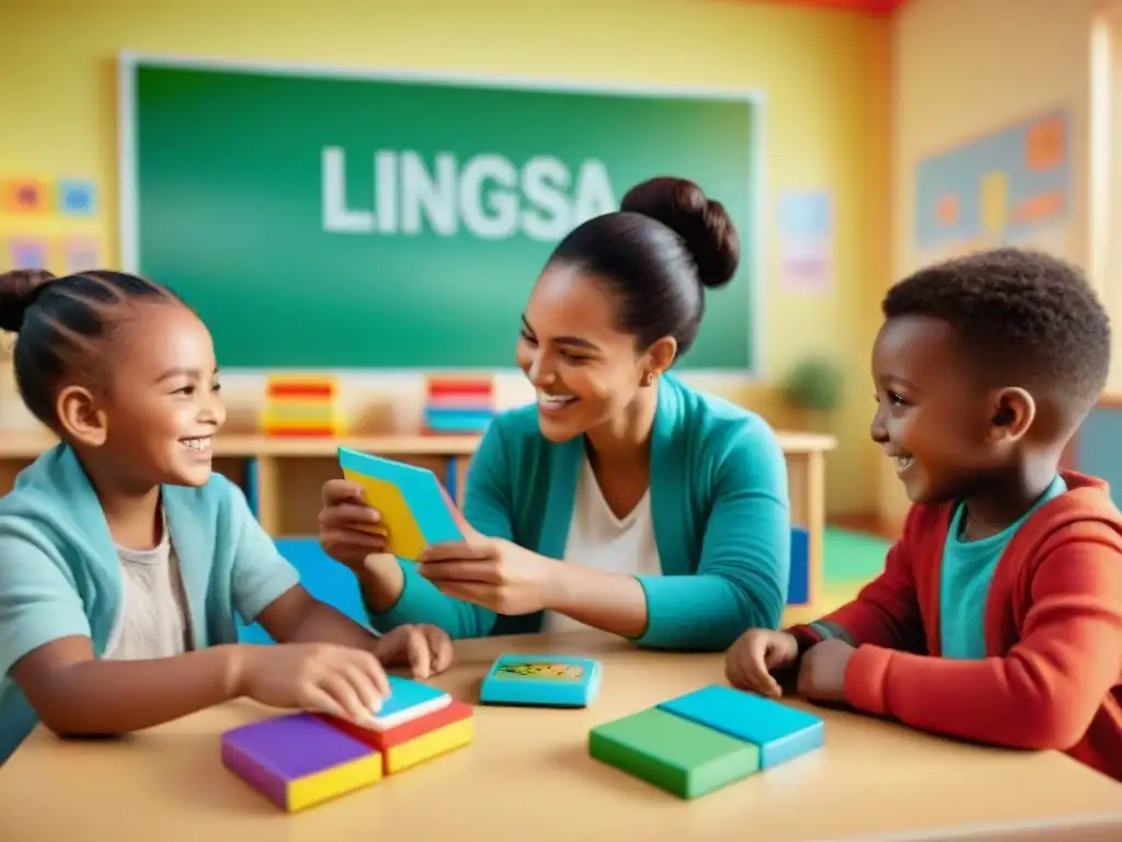 Niños de diferentes edades y etnias disfrutan juntos de juegos educativos para aprender idiomas en un aula colorida