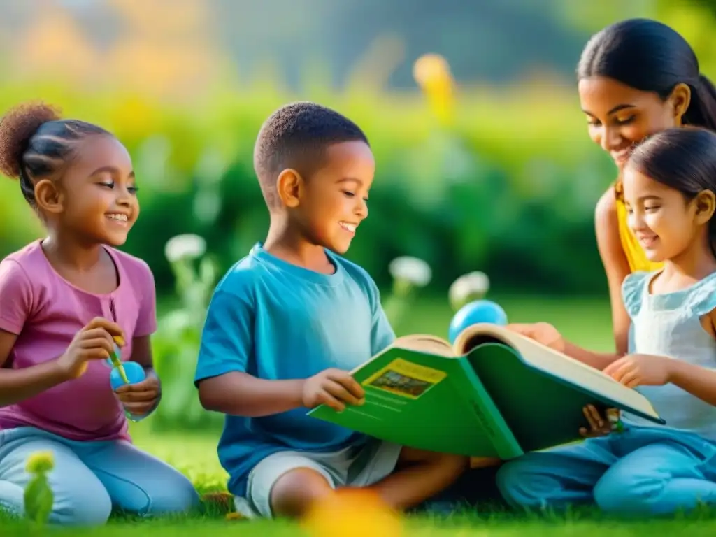 Niños de diversas edades y etnias disfrutan de pasatiempos saludables al aire libre, resaltando la importancia en su desarrollo emocional