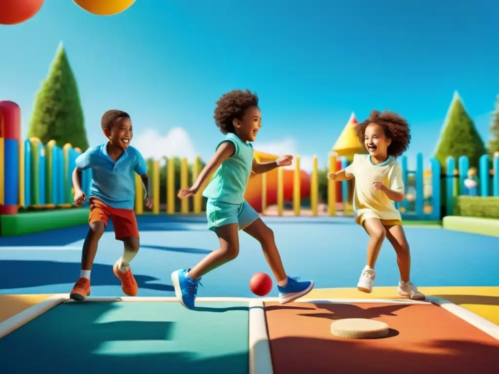 Diversión y compañerismo: Niños jugando juntos en un parque colorido Niños de diferentes edades y orígenes juegan juntos en un parque colorido, resaltando la importancia de los valores de los juegos tradicionales