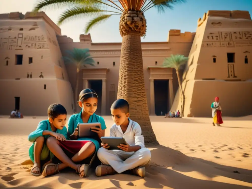 Niños egipcios usan tabletas con apps educativas de Antiguo Egipto bajo palmera en oasis histórico