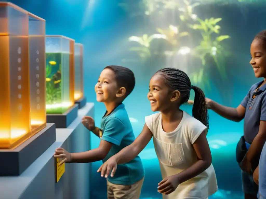 Niños entusiastas disfrutan de juegos de agua educativos en museo de ciencia temático de conservación del agua