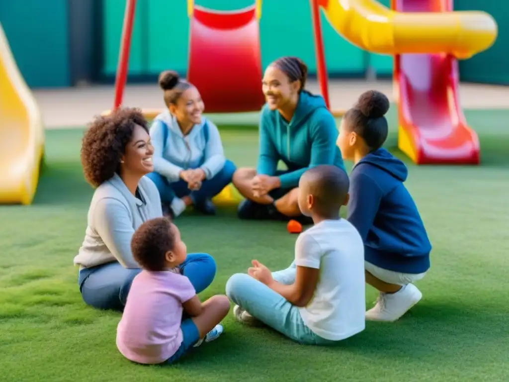 Niños diversos juegan en equipo en un campo, mostrando empatía