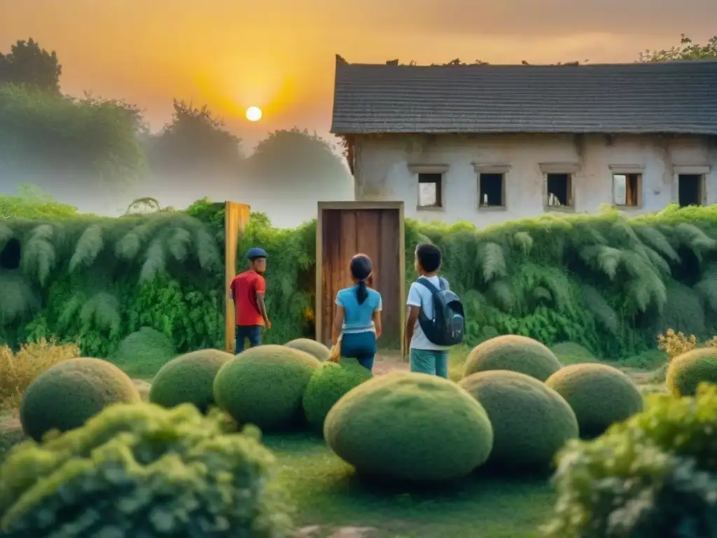 Niños jugando escondite en un parque abandonado con elementos de realidad aumentada