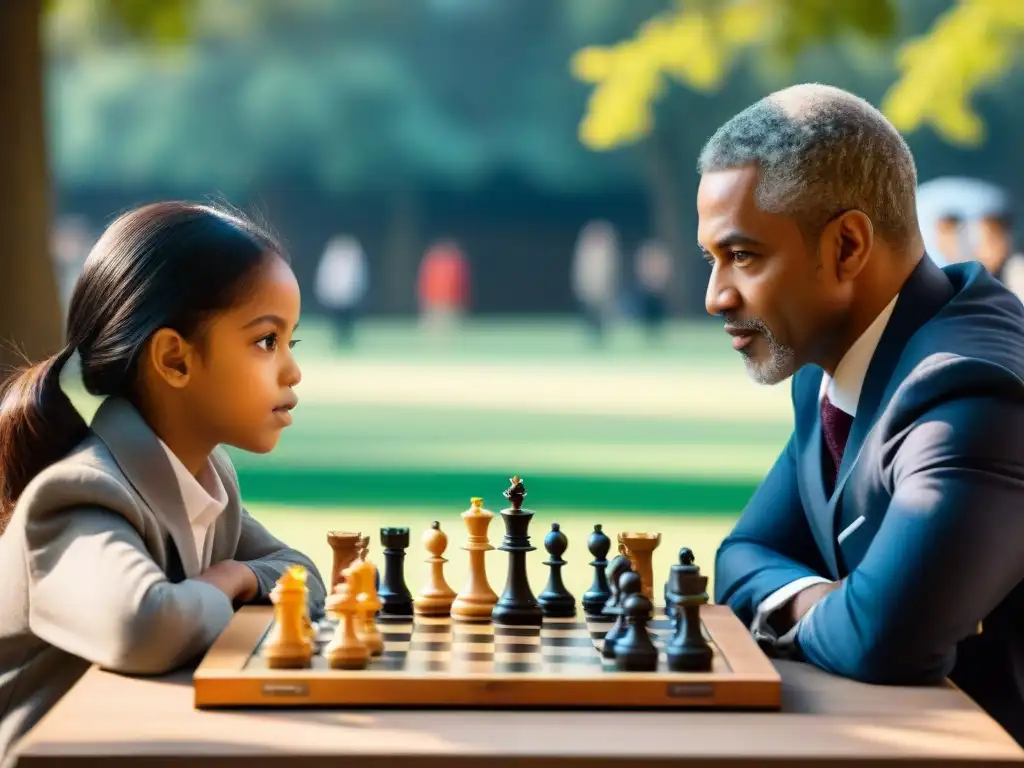 Niños aprenden estrategias básicas de ajedrez en un parque soleado, guiados por un maestro