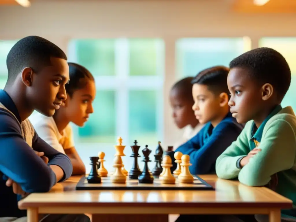 Niños aprendiendo estrategias básicas de ajedrez en aula educativa con luz natural y pósters coloridos en las paredes