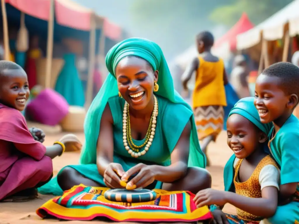 Niños de diversas etnias juegan en un animado mercado africano, capturando la alegría de los Festivales de juegos tradicionales mundo