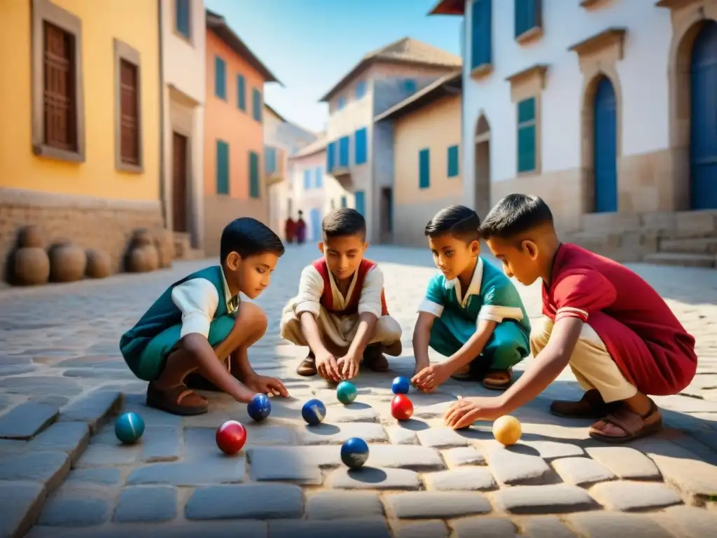 Juego de canicas: tradición y diversidad en la ciudad Niños de diversas etnias juegan canicas en la calle