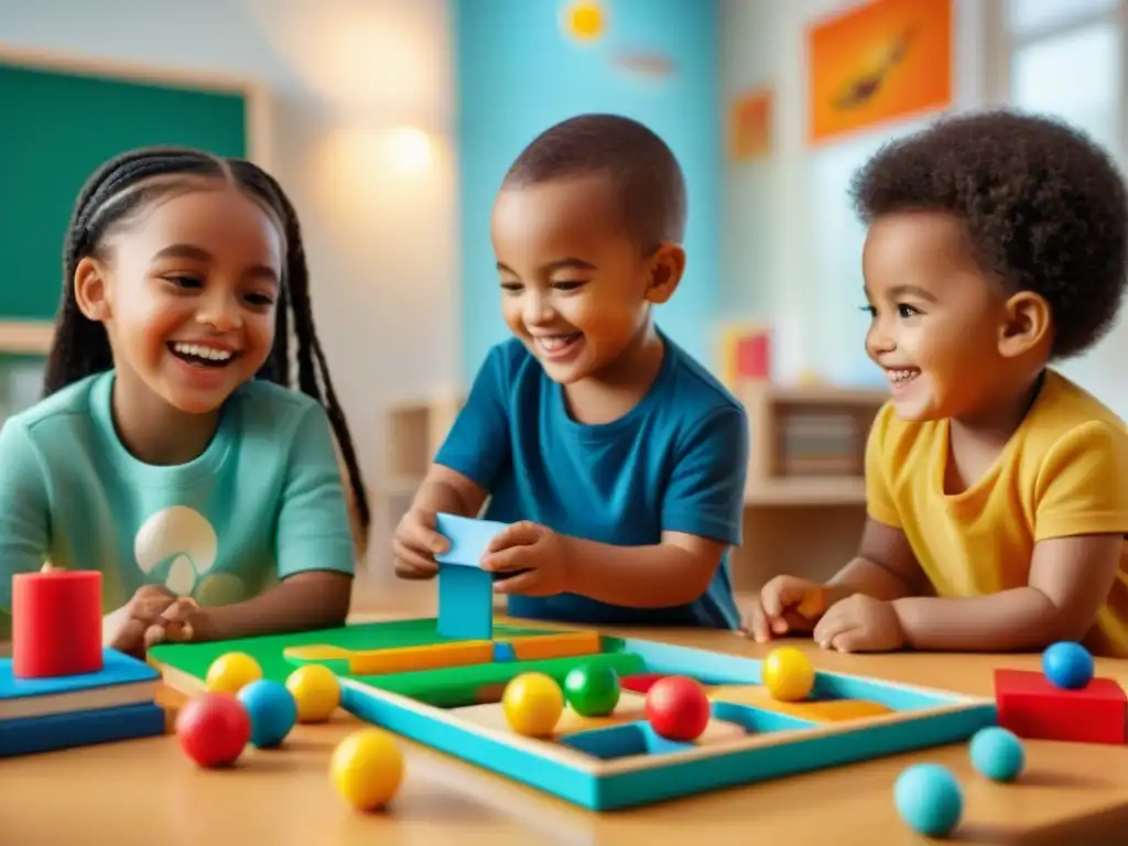 Niños de diversas etnias y culturas juegan felices con juegos educativos en un aula multicultural