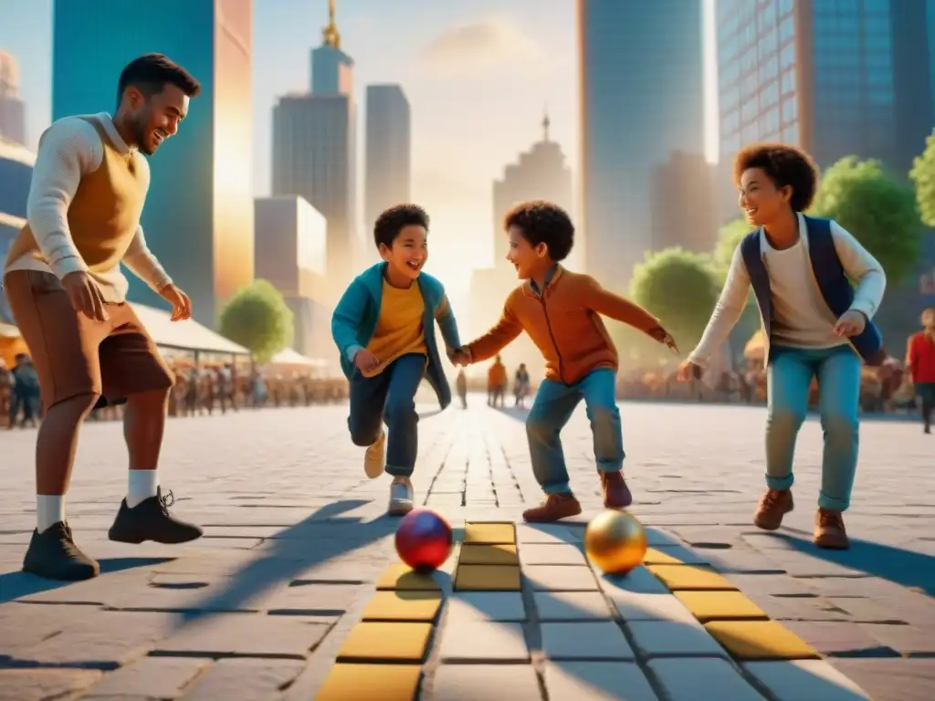 Diversión multicultural: niños juegan en la ciudad al atardecer Niños de diversas etnias juegan felices juegos tradicionales en una plaza, desafiando la modernidad con sonrisas y concentración