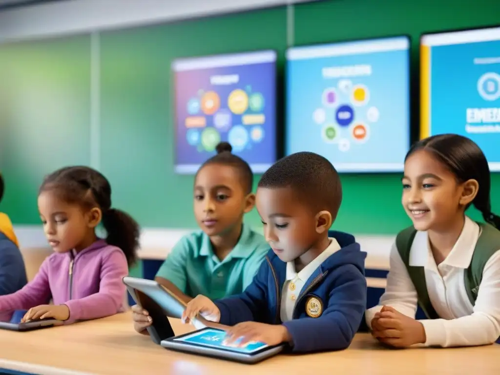 Niños de diversas etnias y géneros disfrutan de juegos educativos con tecnología en un aula moderna y luminosa