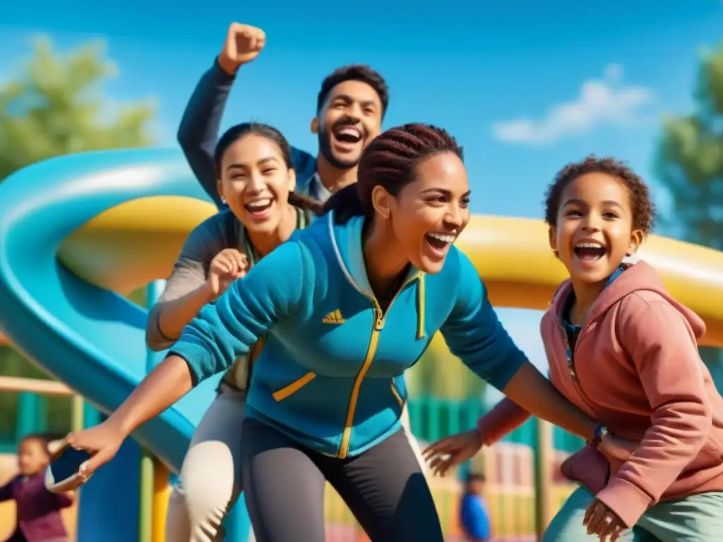 Niños de diversas etnias y habilidades juegan en equipo en un vibrante parque