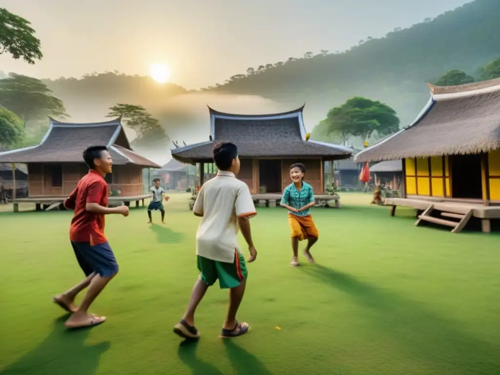 Niños de diversas etnias juegan alegremente juegos tradicionales Sudeste Asiático en un parque verde exuberante