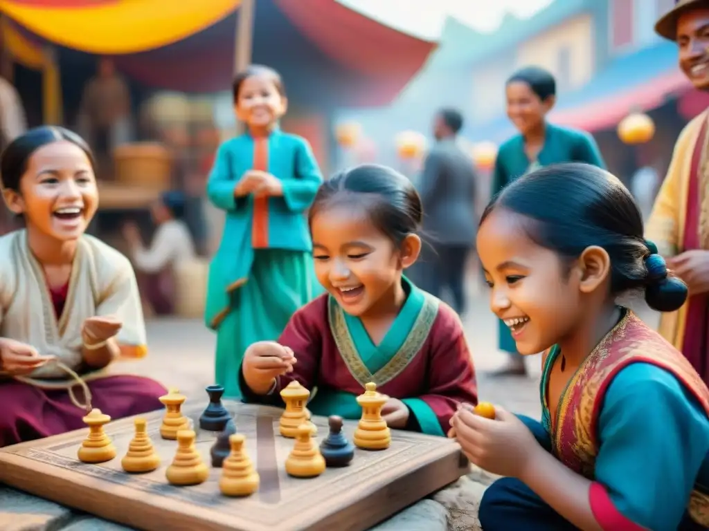 Niños de distintas etnias juegan alegremente en un mercado vibrante, destacando la Importancia de los juegos en la historia cultural