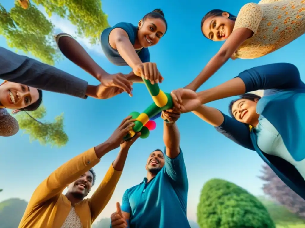 Niños de diversas etnias juegan alegremente en un parque, cada uno con un trompo colorido en la mano