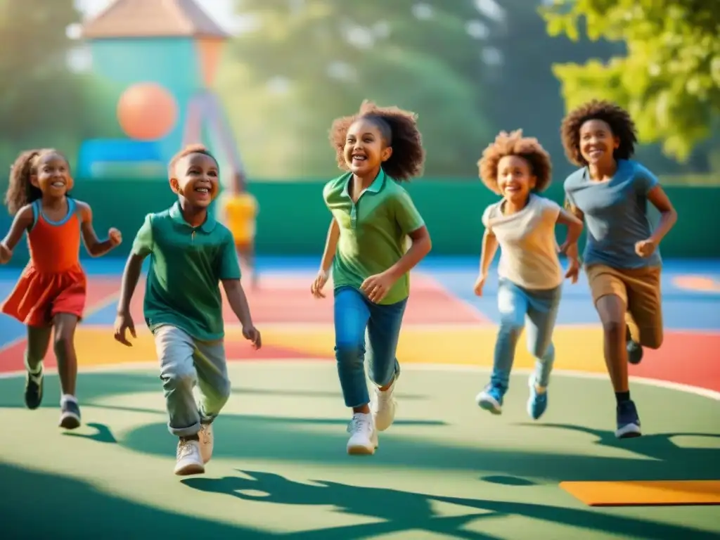 Diversión y aprendizaje en juegos tradicionales infantiles Niños de distintas etnias juegan, riendo y divirtiéndose en un parque vibrante